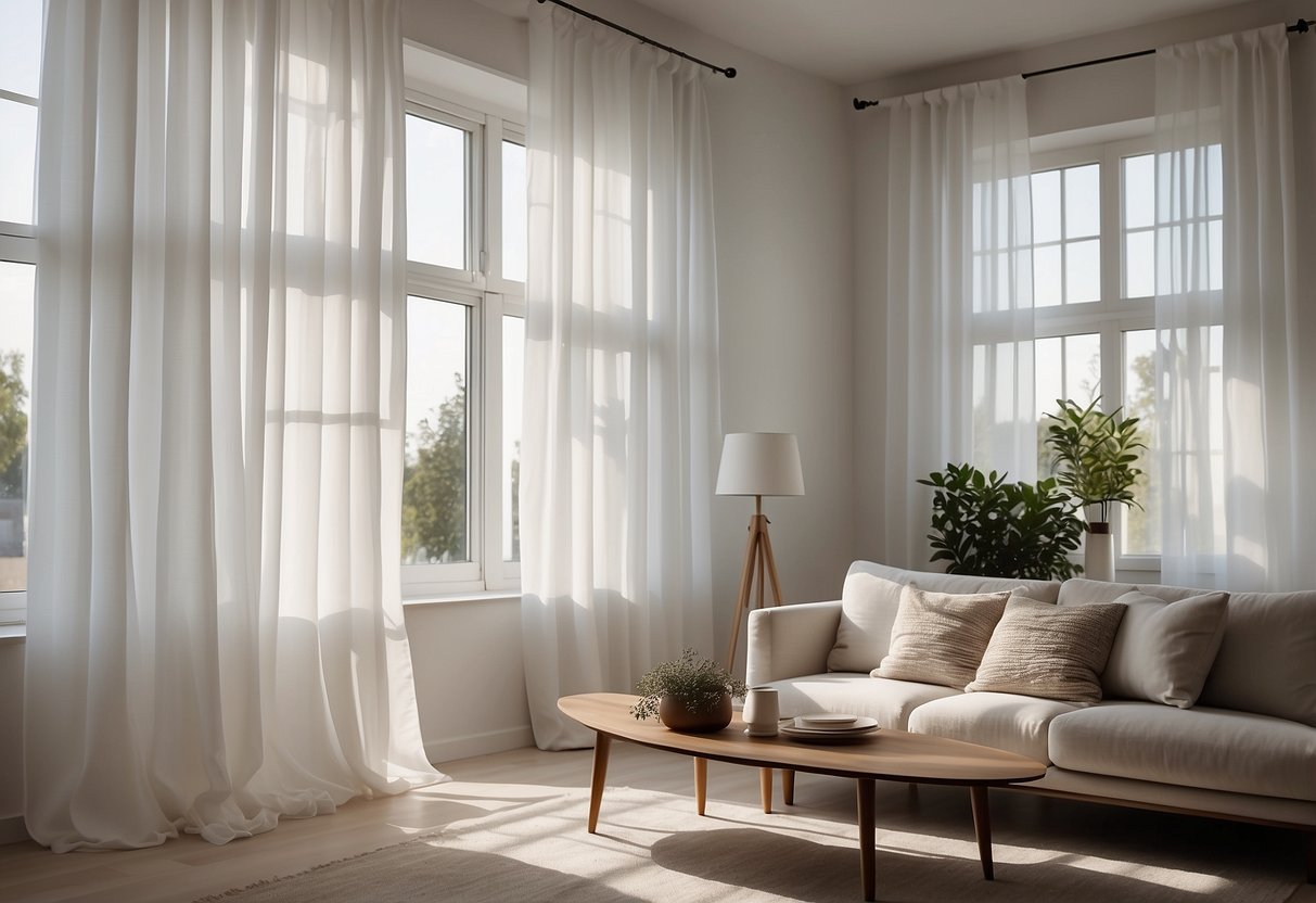 Crisp white curtains billow in a sunlit room with a clean white floor, offering a serene and minimalist home decor idea