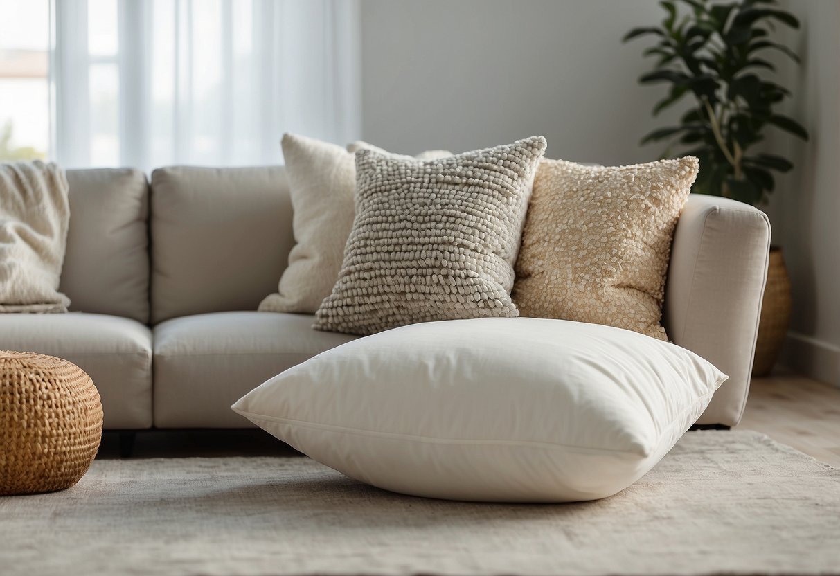 White floor with ivory throw pillows arranged in a modern home decor setting