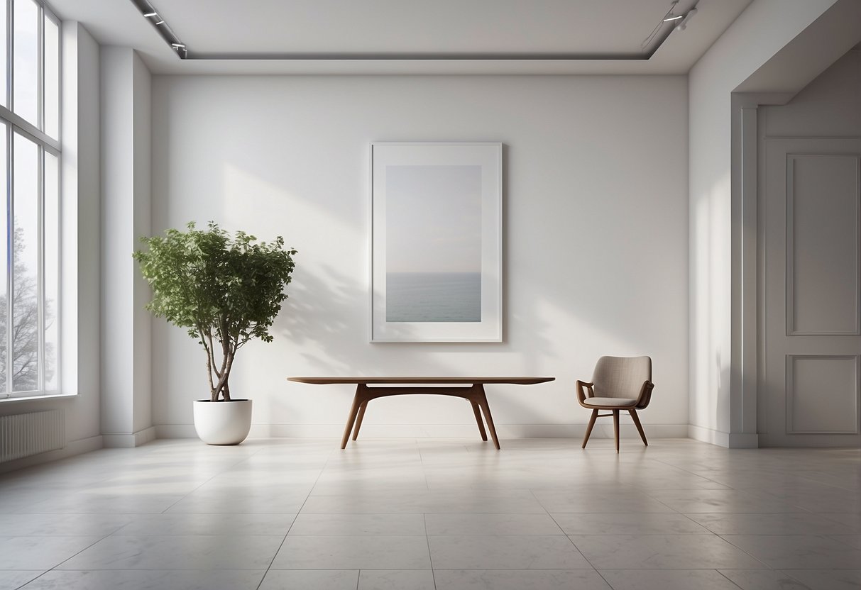 A white wall adorned with elegant art, set against a clean white floor, creating a modern and minimalist home decor