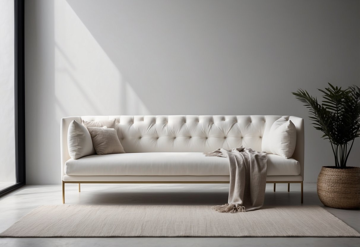 A white statement sofa sits on a white floor in a minimalist home decor setting