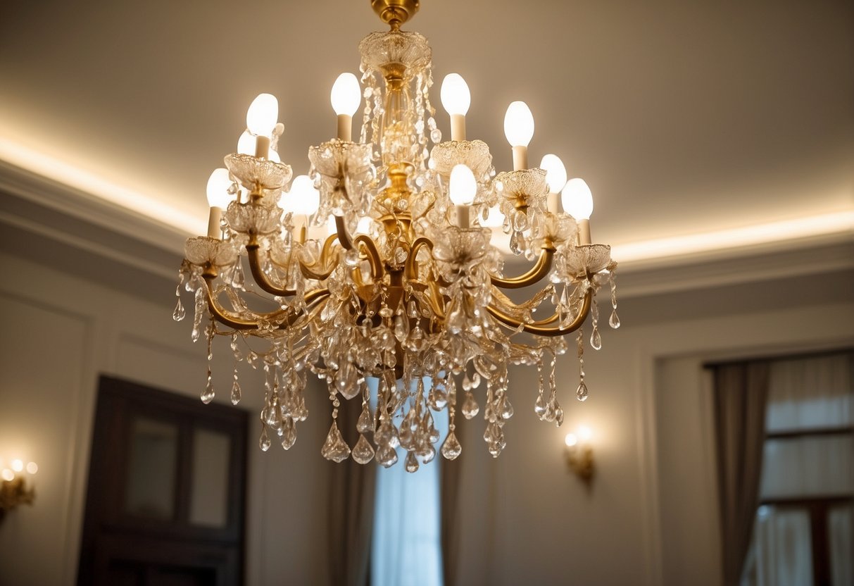 A grand white and gold chandelier hangs from the ceiling in a room with a clean white floor, providing elegant home decor inspiration