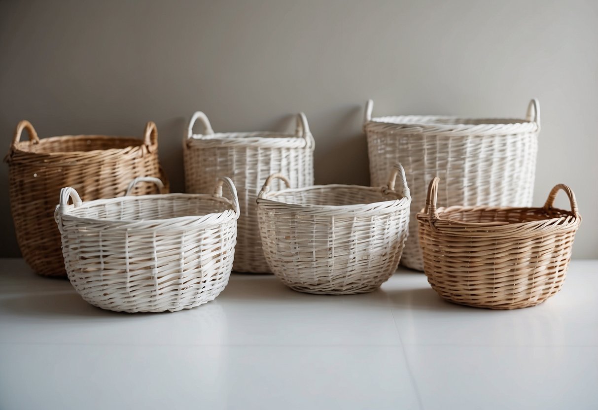 White wicker baskets arranged on a white floor, minimalist home decor ideas