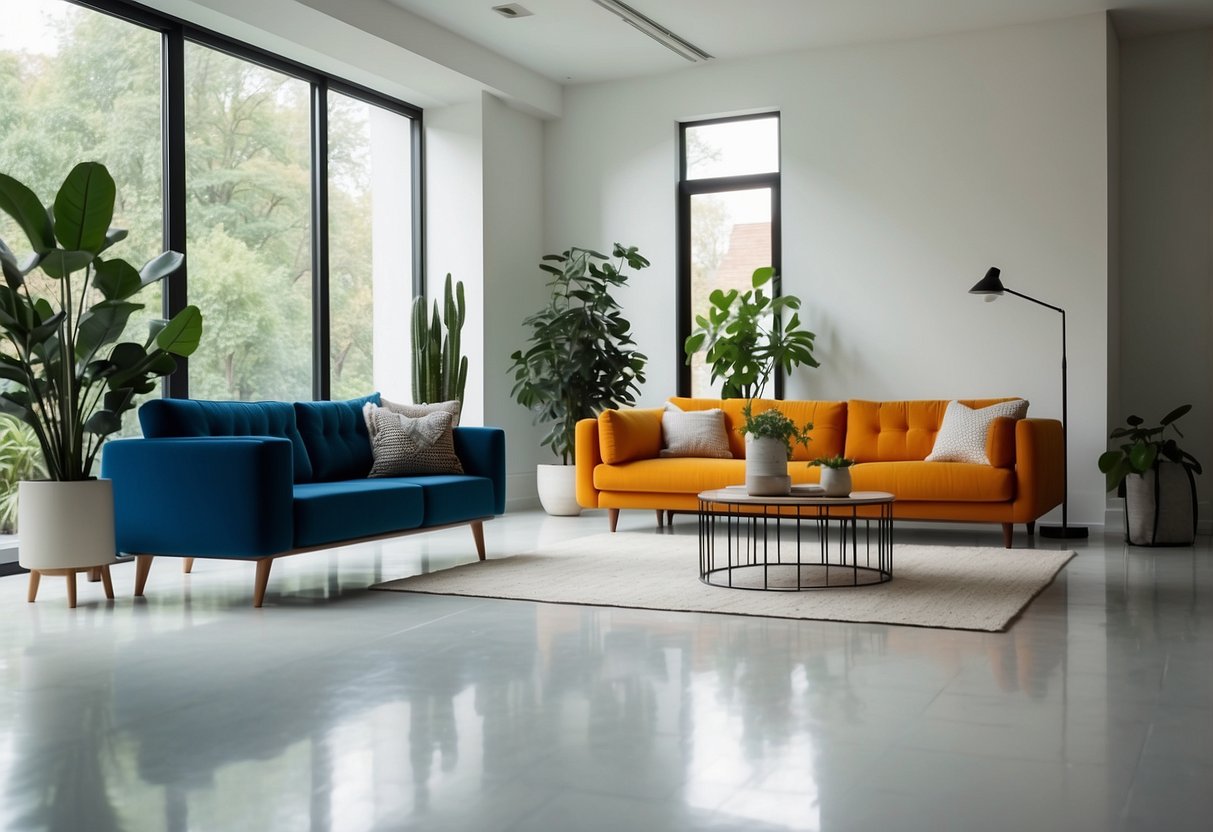 A white floor with blue and orange furniture, green plants, and yellow accents in a modern living room