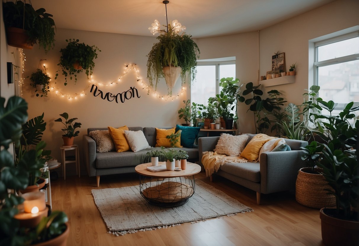 A cozy living room with mismatched furniture, colorful throw pillows, and quirky wall art. Plants hang from the ceiling, and fairy lights twinkle in the corner