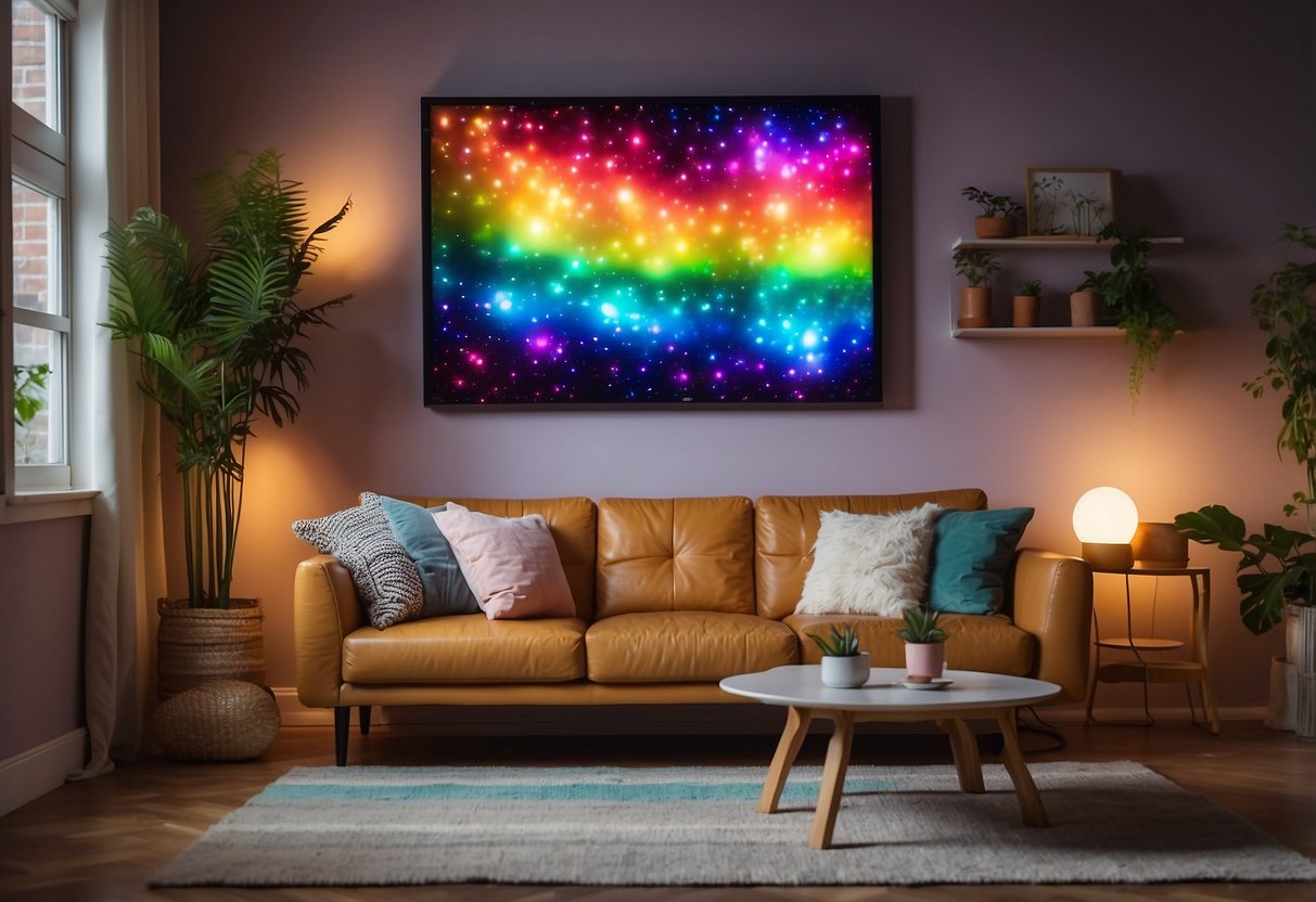 A cozy living room with Rainbow LED Marquee Lights hanging on the wall, casting a colorful and whimsical glow in the room