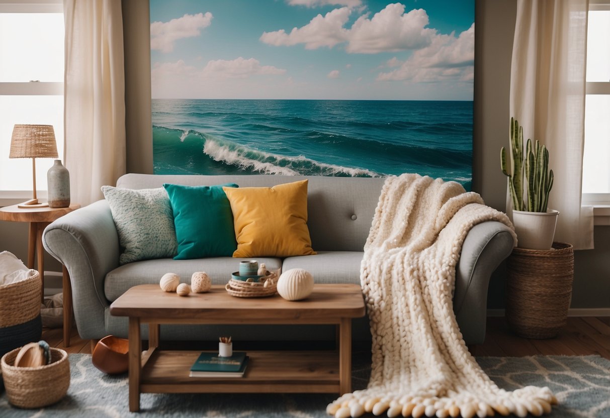 A cozy living room with a mermaid tail blanket draped over a plush sofa, surrounded by colorful seashell and ocean-themed decor