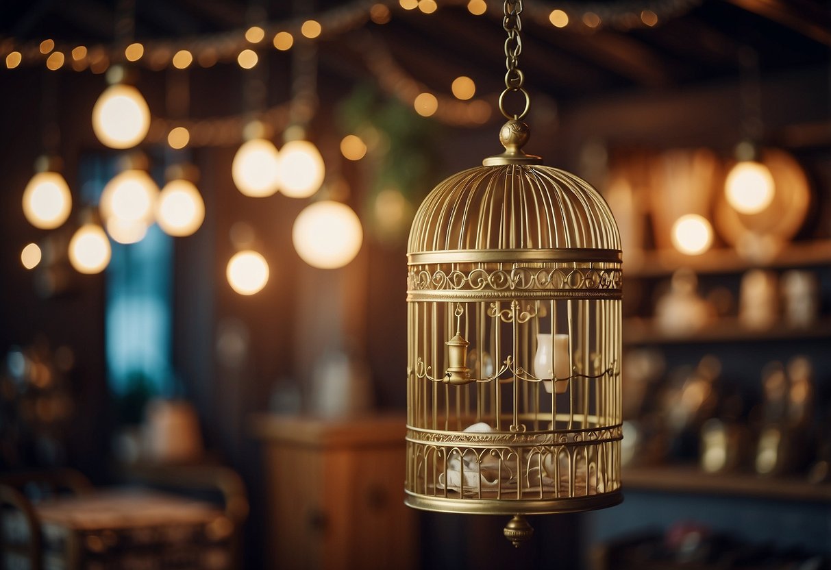 A vintage birdcage pendant hangs from a ceiling, surrounded by whimsical home decor items