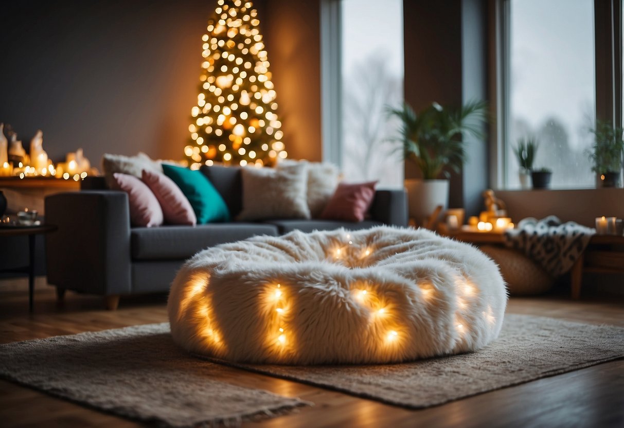 A cozy living room with a FauxFurBeanBag as the centerpiece, surrounded by whimsical home decor such as colorful throw pillows, fairy lights, and quirky wall art