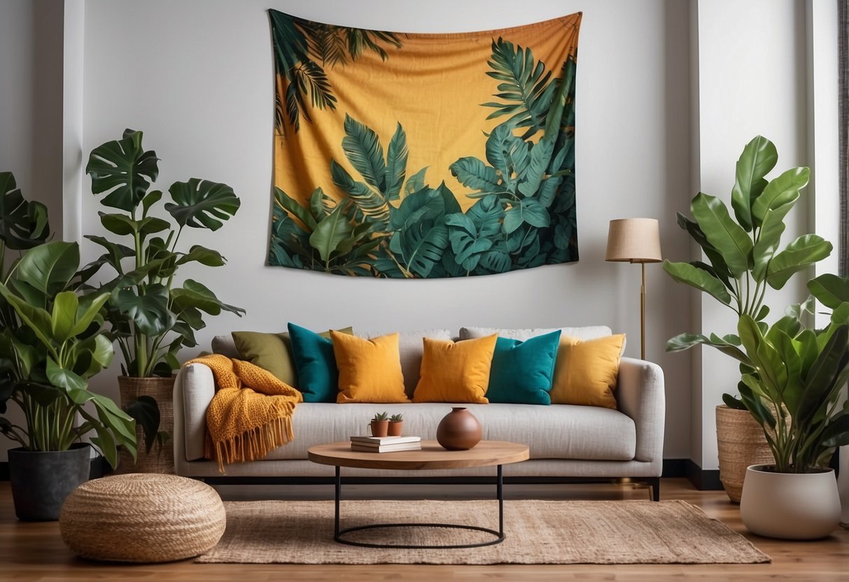 A vibrant botanical wall tapestry hangs in a cozy living room, surrounded by potted plants and colorful throw pillows