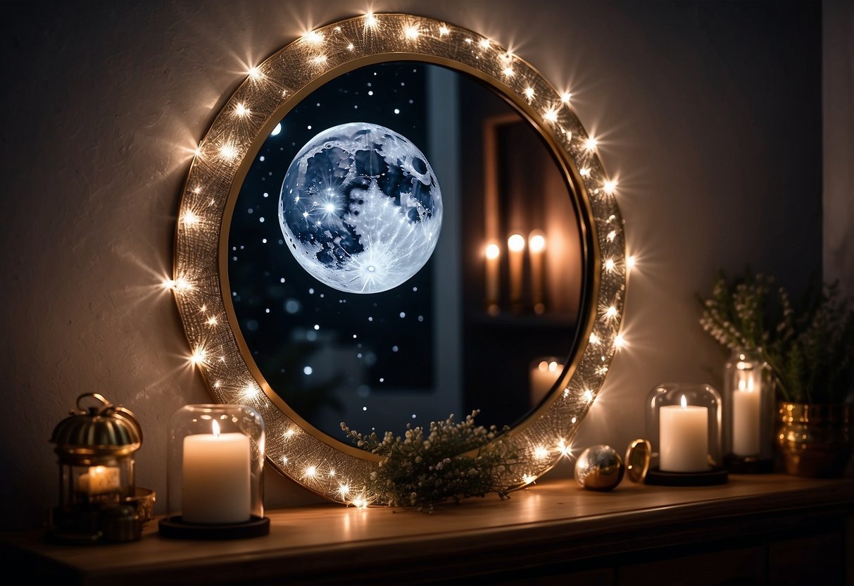 A moon phase wall mirror hangs above a cozy living room fireplace, surrounded by twinkling fairy lights and mystical crystals