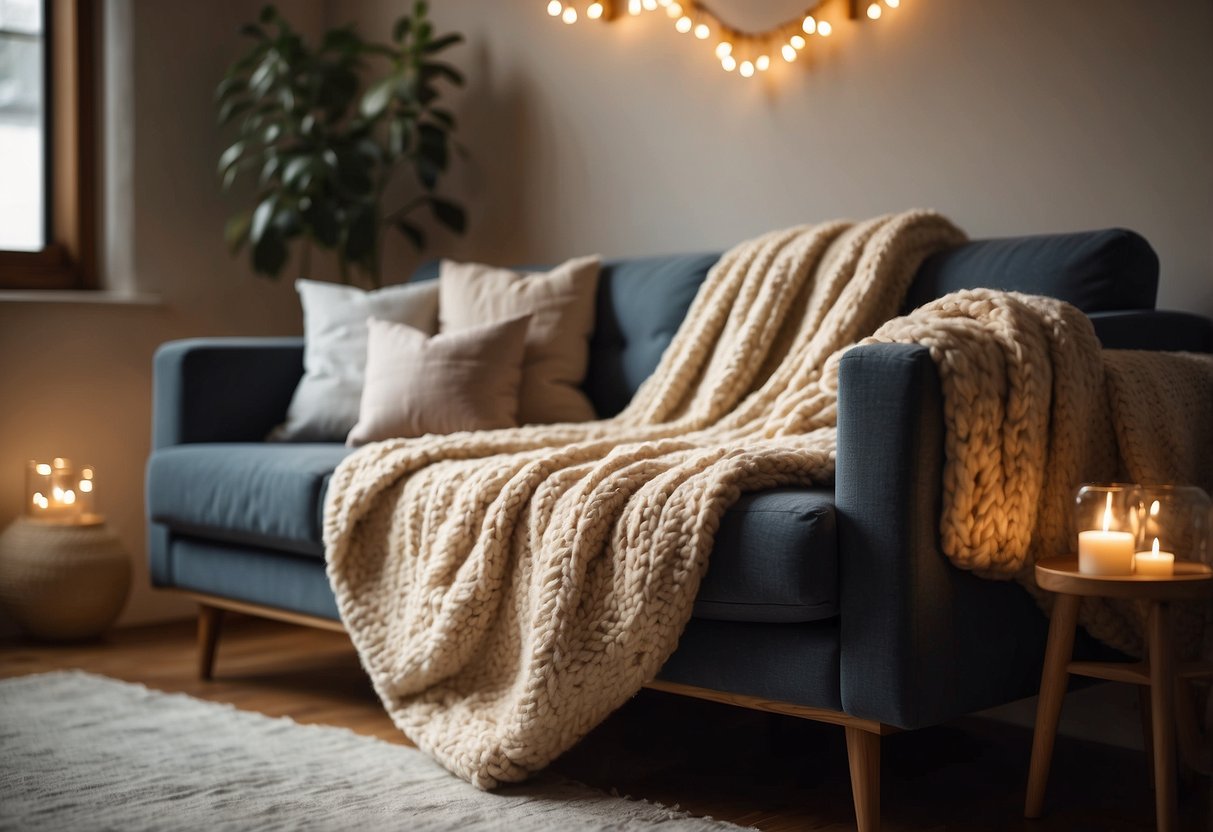 A cozy living room with a giant knit throw blanket draped over a plush sofa, surrounded by whimsical home decor such as fairy lights and quirky throw pillows