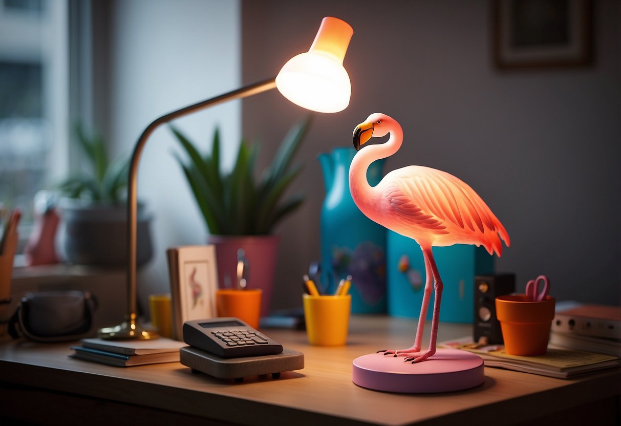 A pink flamingo-shaped desk lamp perched on a cluttered desk, surrounded by colorful and quirky home decor items