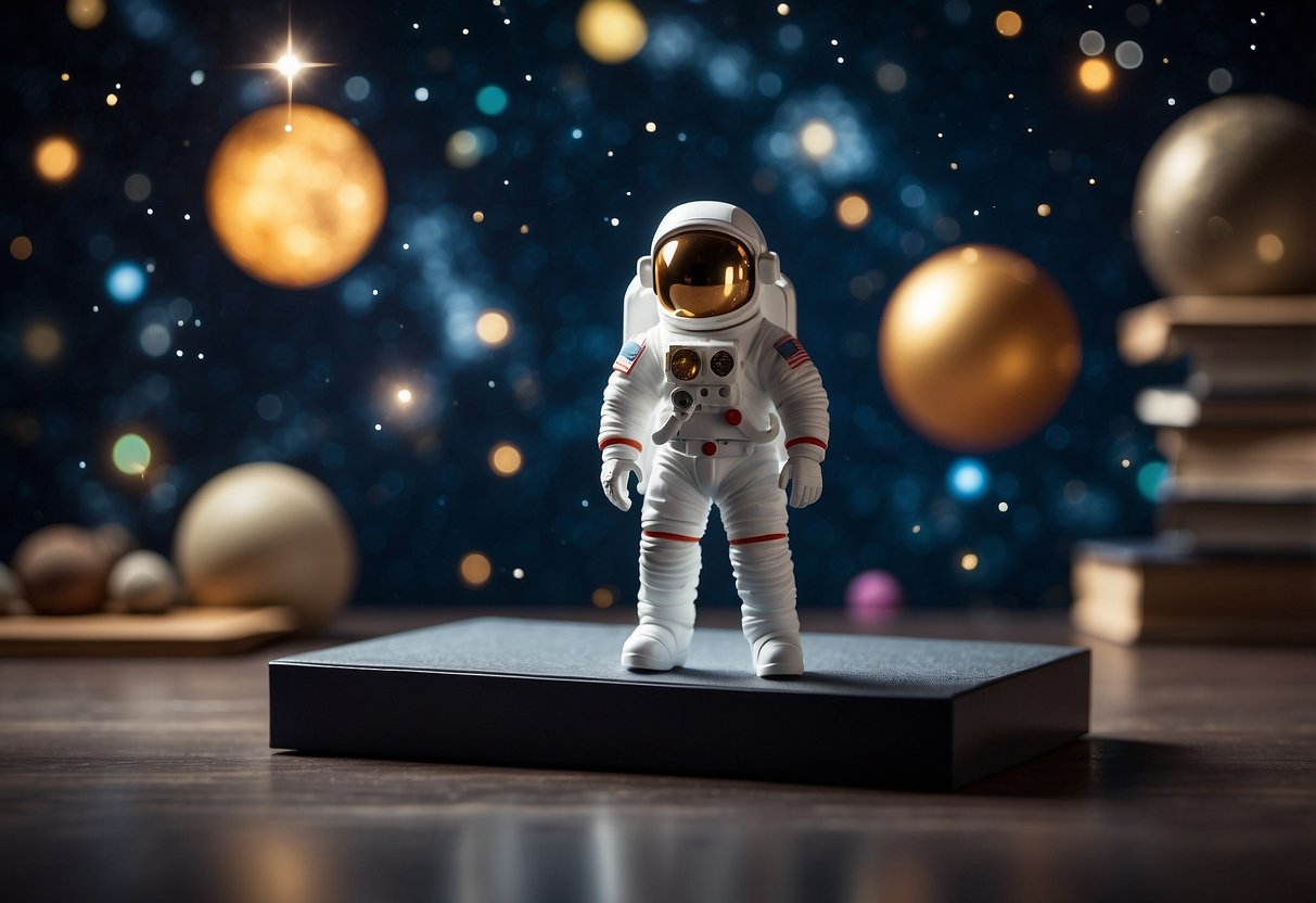 An astronaut bookend floats in a space-themed room with stars and planets adorning the walls