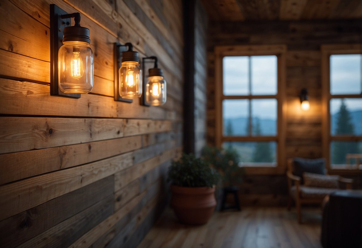 A cozy living room with Rustic Mason Jar Sconces hanging on a wooden wall, casting a warm and inviting glow