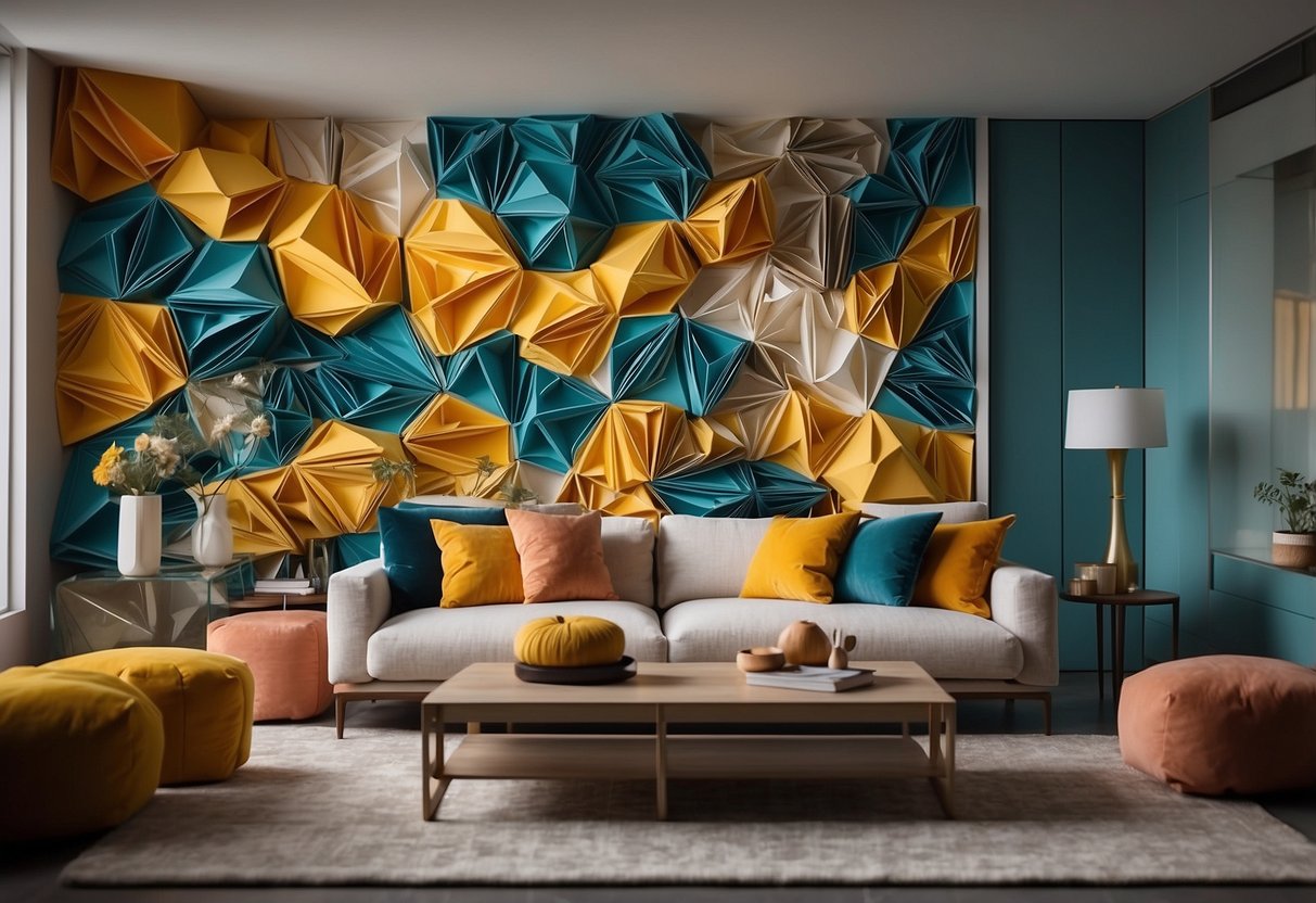 A colorful paper wall art installation complements the modern decor of a living room, featuring geometric patterns and nature-inspired designs