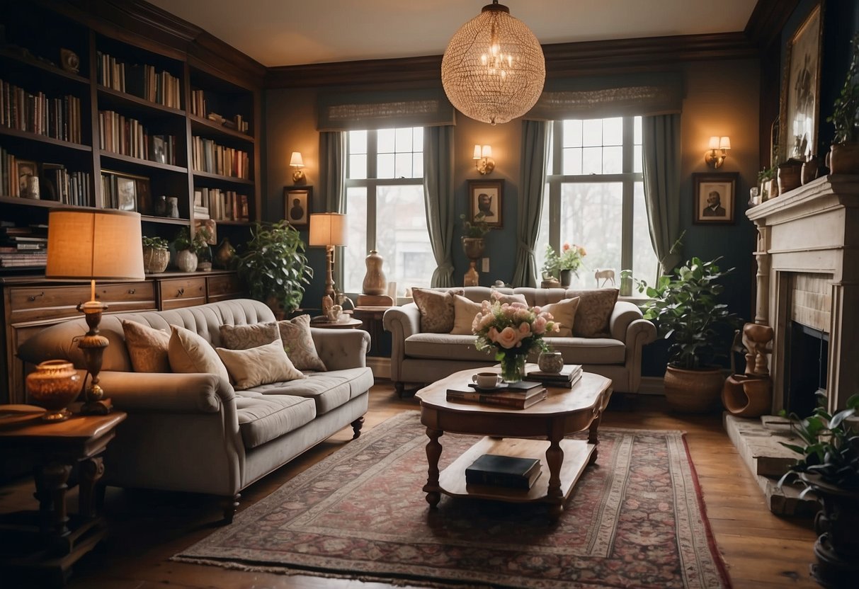 A cozy living room with antique furniture, vintage rugs, and decorative vignettes on the shelves and tables