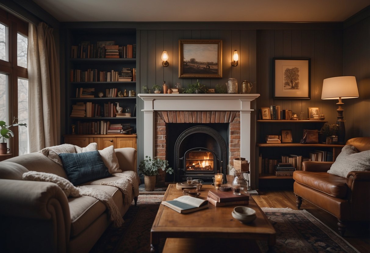 A cozy living room with vintage decor, including antique frames, old books, and a rustic fireplace, evoking a sense of warmth and nostalgia