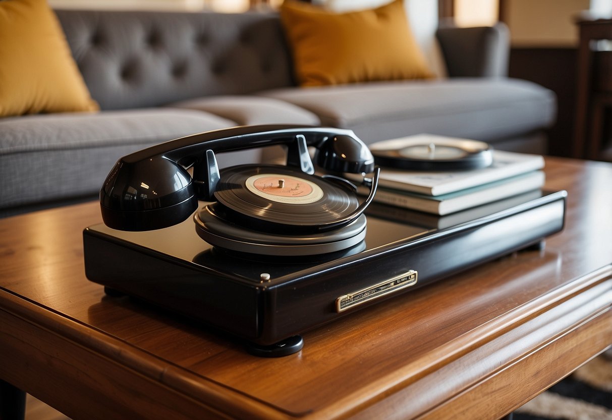 A mid-century modern coffee table adorned with vintage vignettes, including retro books, a record player, and a classic rotary phone