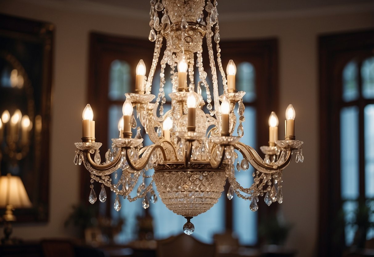 A grand crystal chandelier hangs above a room adorned with vintage vignettes, creating a classic and elegant home decor setting