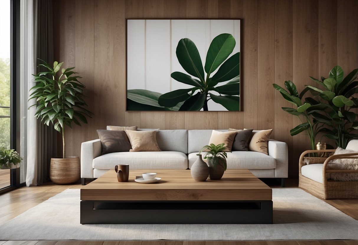 A cozy living room with a minimalist wooden coffee table, sleek wood shelves displaying potted plants, and a large abstract wooden wall art piece