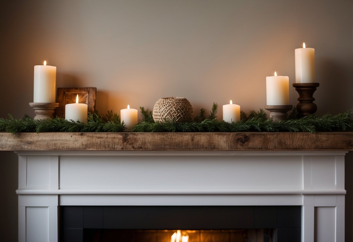 A rustic wooden mantel adorned with modern wood home decor, set against a neutral backdrop with soft lighting