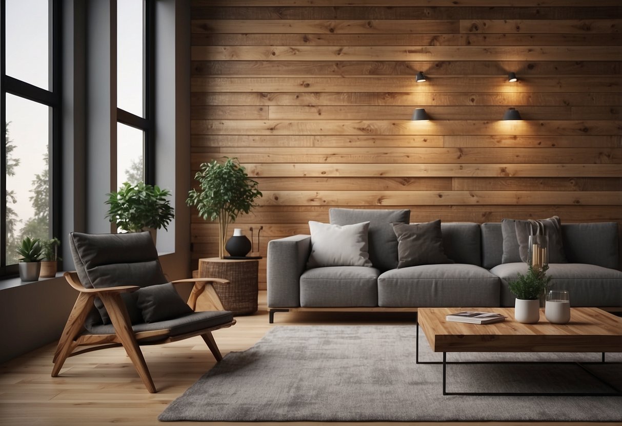 A distressed wood accent wall in a modern home, with warm lighting and minimal decor