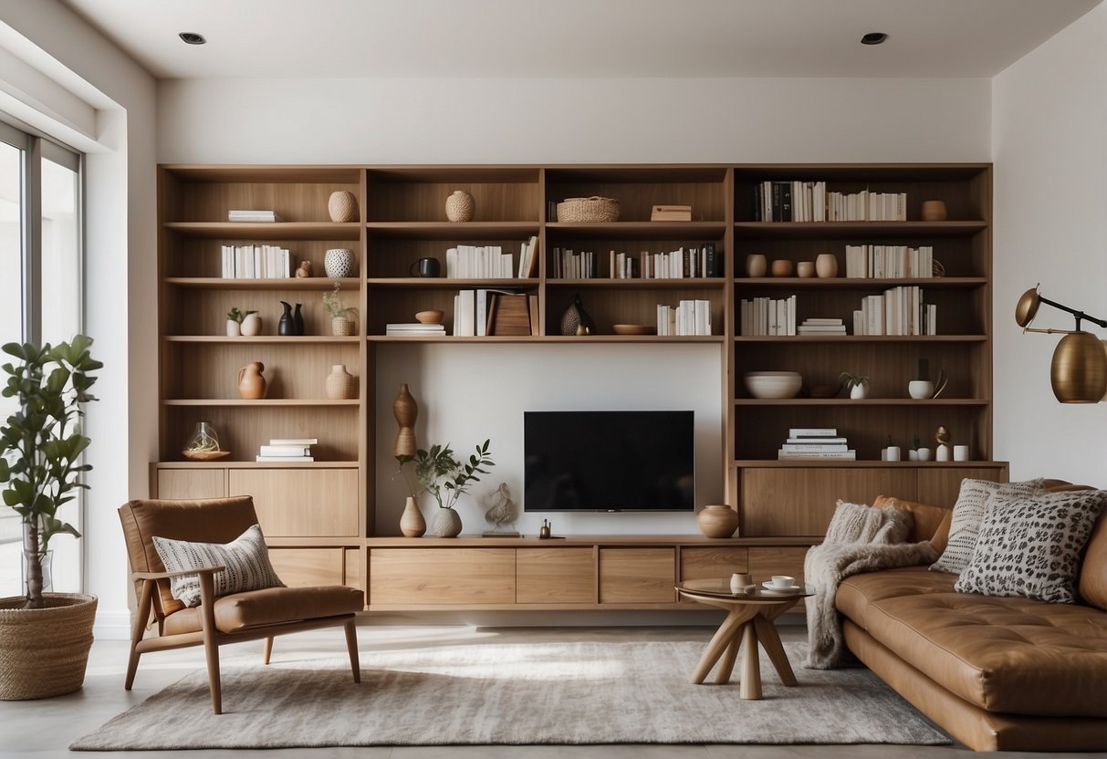 A modern living room with oak floating shelves displaying decorative items and books against a clean white wall