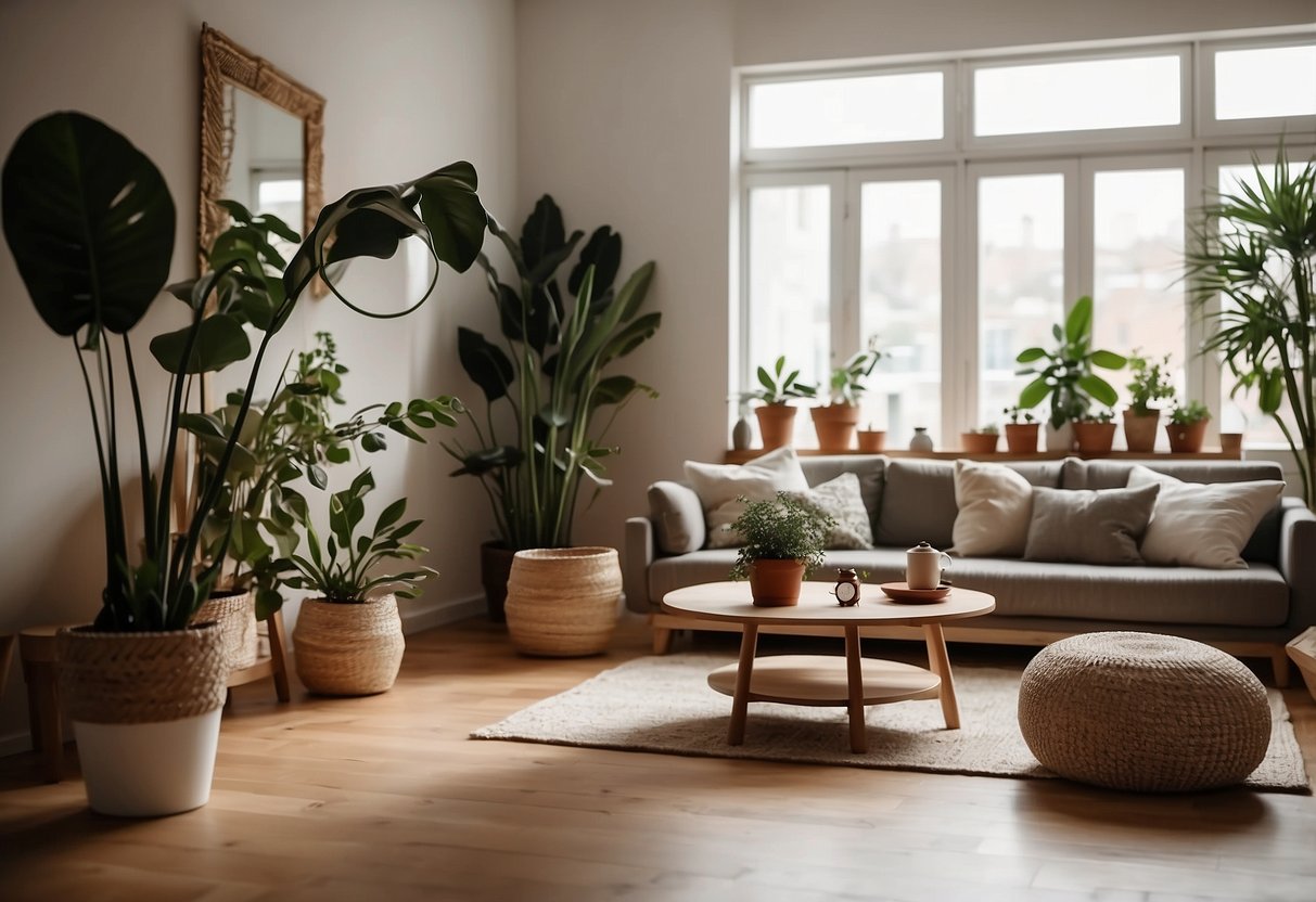 A cozy living room with a warm wooden floor, adorned with stylish rugs and minimalist furniture, accented with potted plants and soft lighting