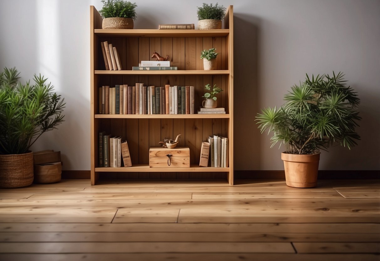 A handcrafted pine bookshelf stands on a wooden floor, surrounded by home decor items