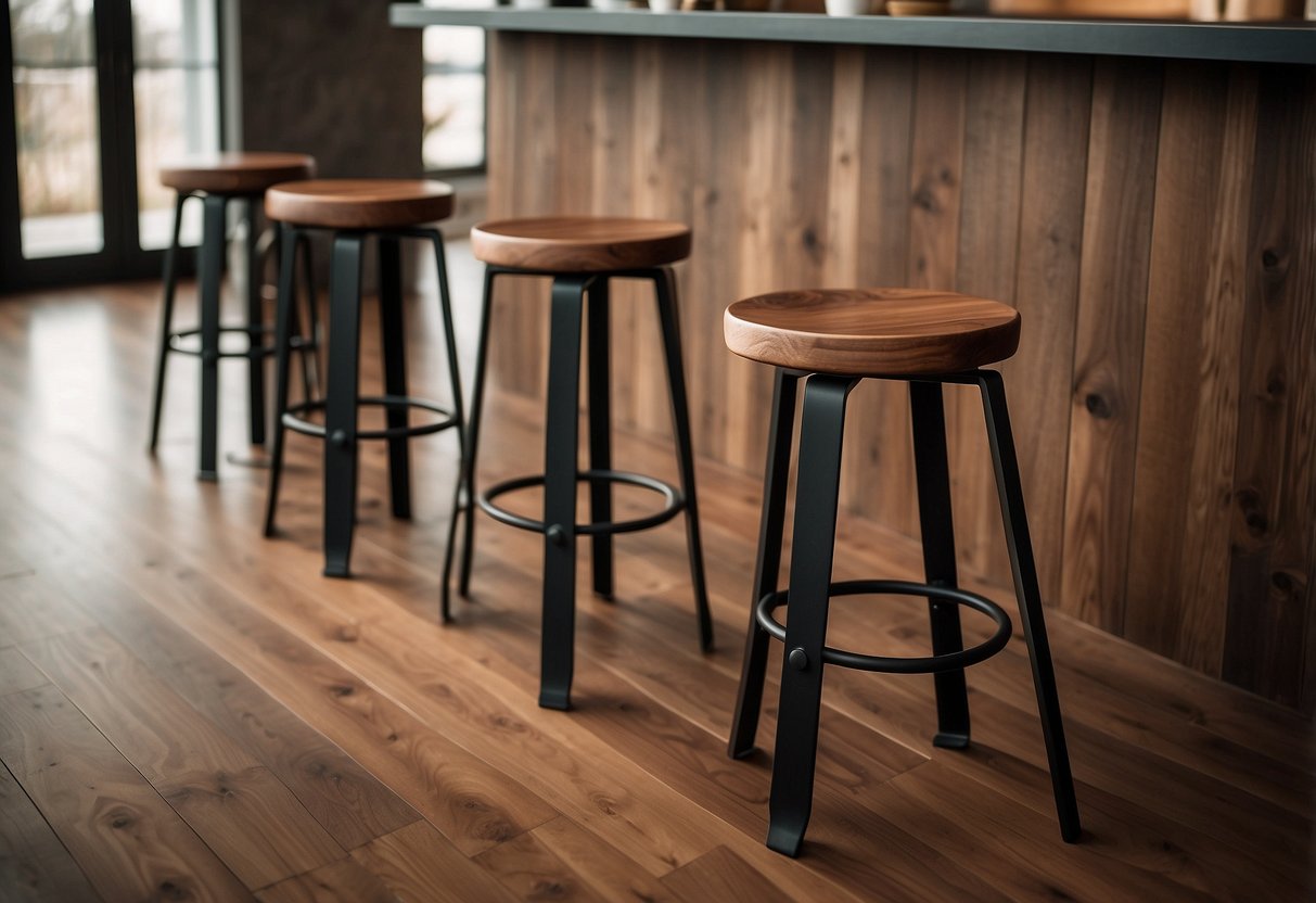 Four rustic walnut bar stools on a wooden floor, with home decor ideas in the background