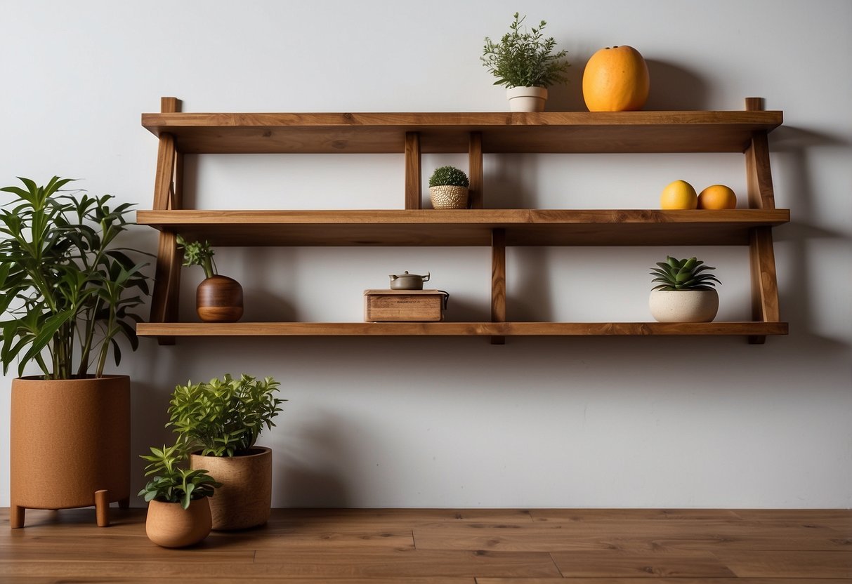 Mango wood wall shelves hang on a wooden floor, adding warmth and style to the home decor