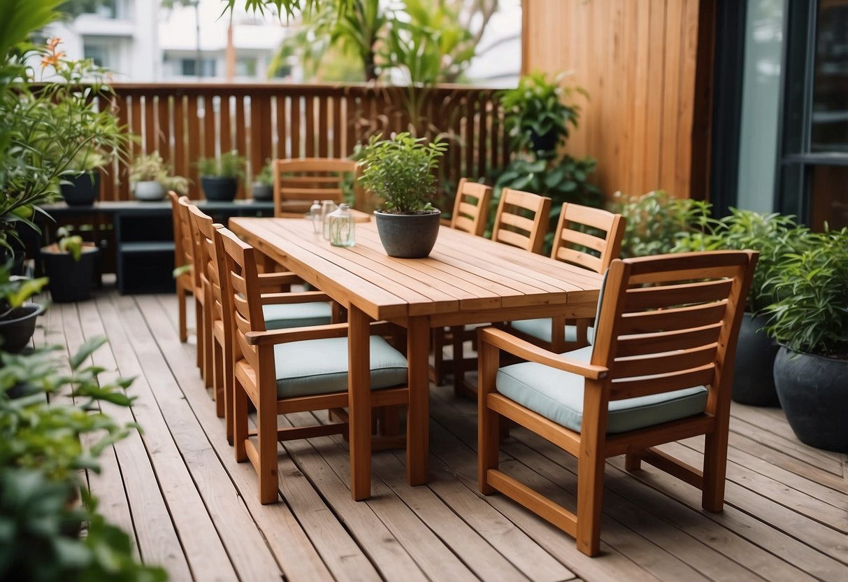 A teak outdoor furniture set sits on a wooden deck, surrounded by potted plants and cozy home decor accents