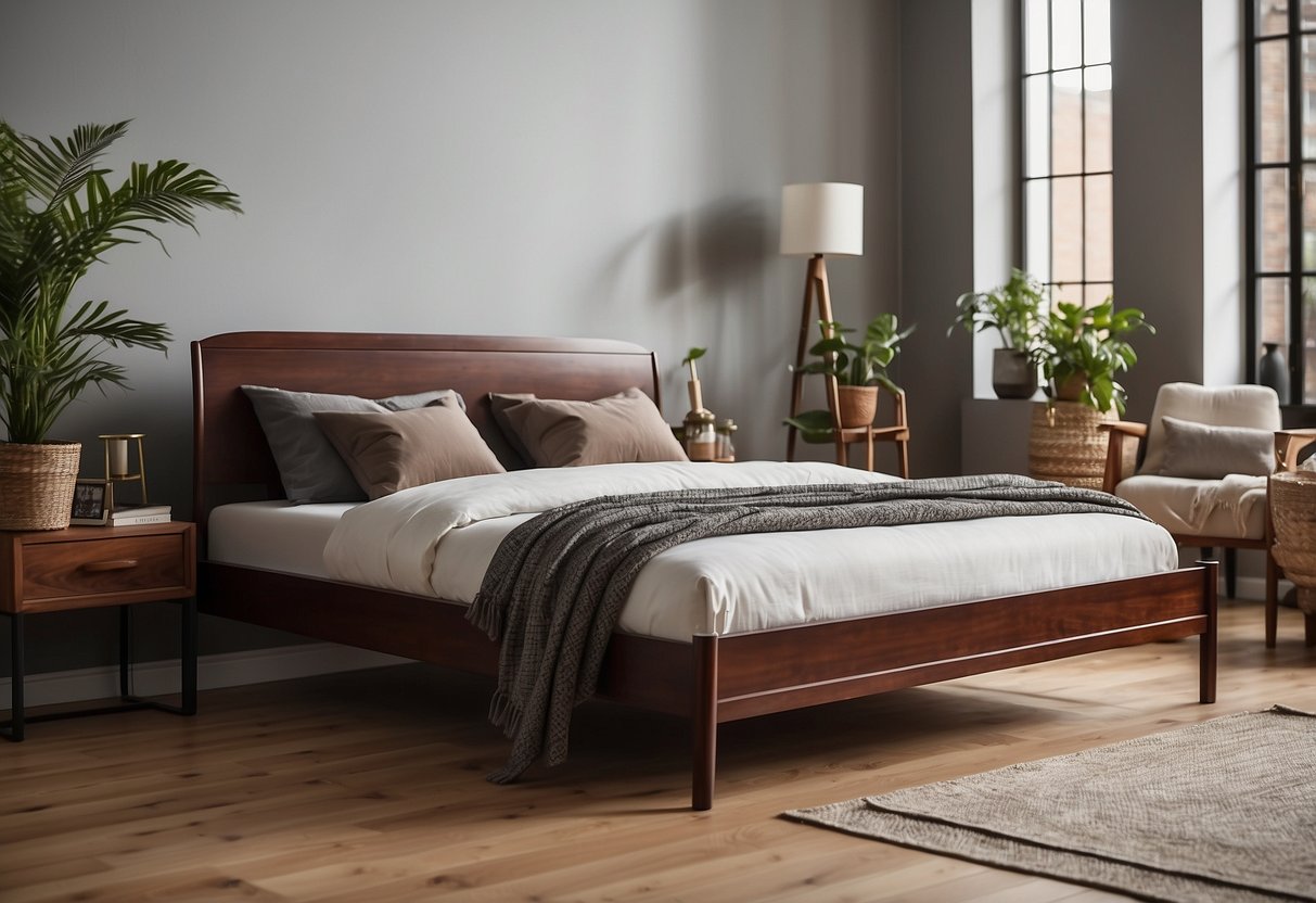 A mahogany bed frame stands on a wooden floor, surrounded by home decor accents