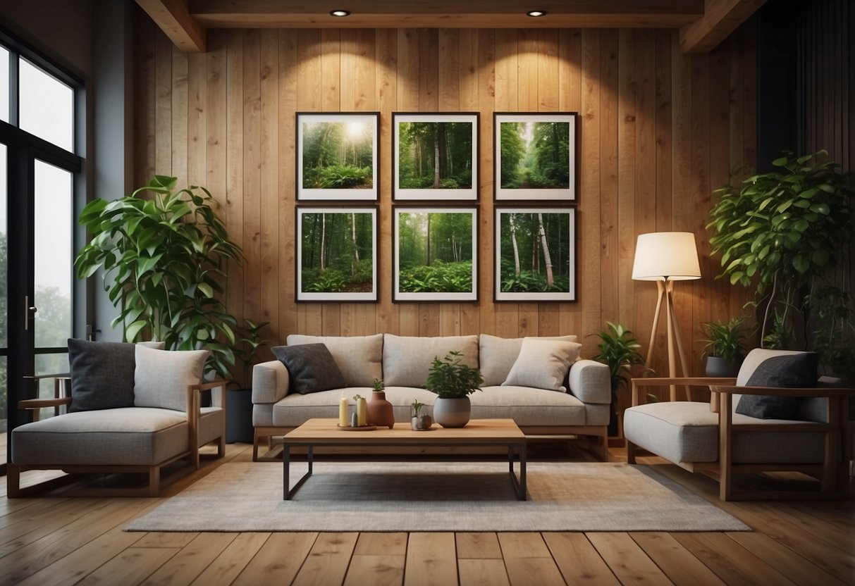 A cozy living room with birchwood picture frames hanging on a wooden wall. Warm lighting and green plants create a welcoming atmosphere