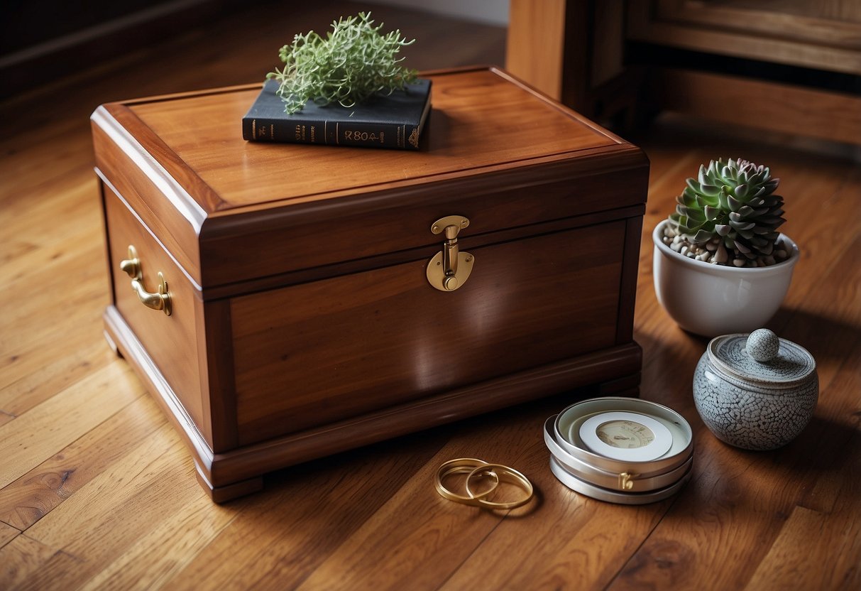 A cedar storage chest sits on a polished wooden floor, surrounded by home decor items