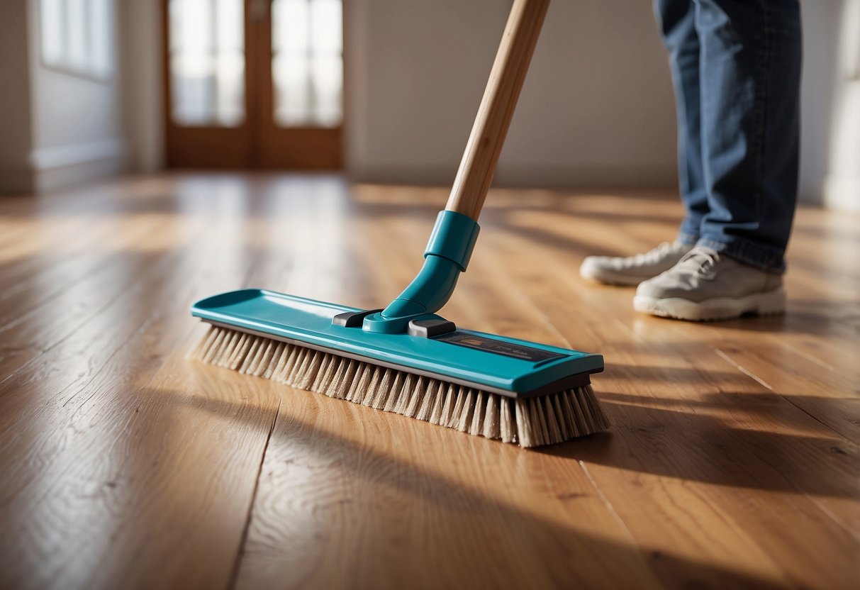 A person using a soft-bristled broom to sweep away dust and debris from a polished wooden floor, with a bottle of wood floor cleaner and a microfiber mop nearby