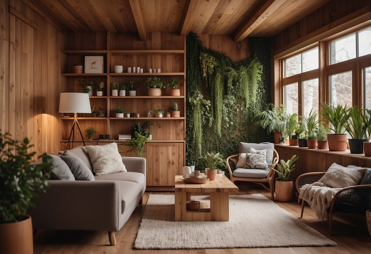 A cozy living room with a wood wall adorned with shelves, plants, and framed artwork. A warm, inviting space with a touch of natural and rustic charm