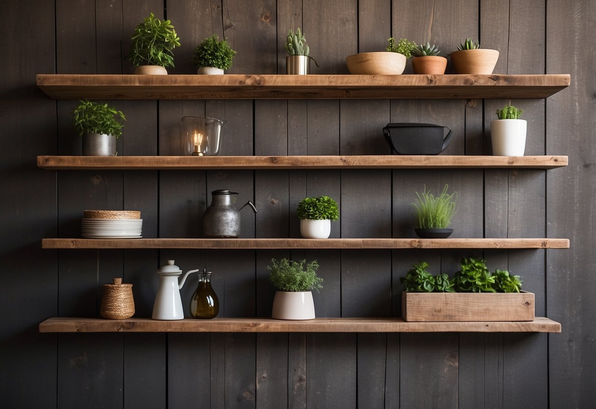 Reclaimed barn wood shelves adorn a rustic wall, enhancing the home decor with natural charm