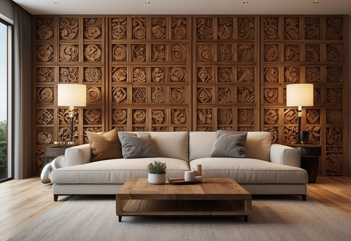 A carved wooden accent wall with intricate designs and patterns, adding warmth and texture to the room's decor