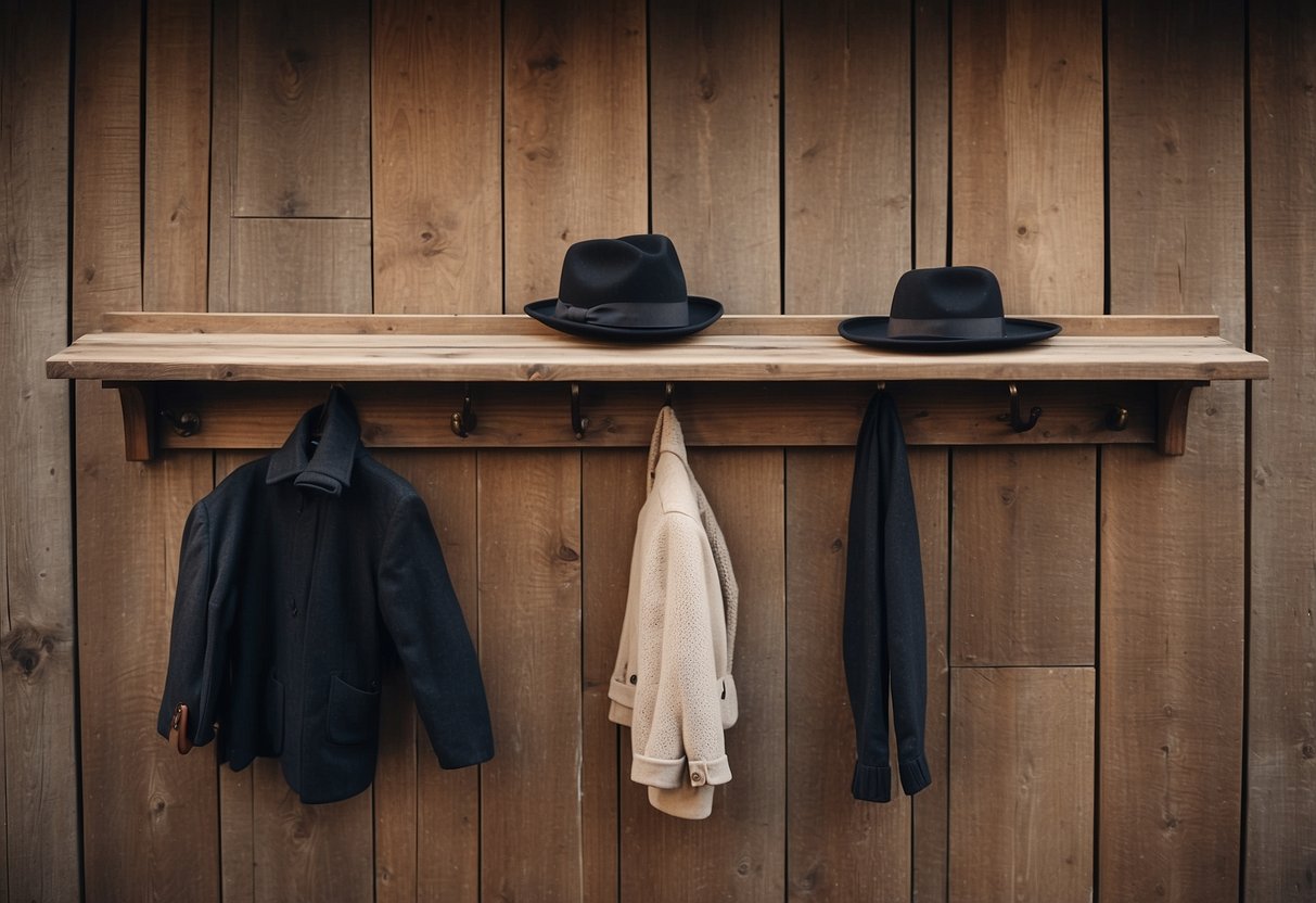 A rustic wooden coat rack hangs on a weathered wood wall, adorned with coats and hats, adding a touch of charm to the home decor