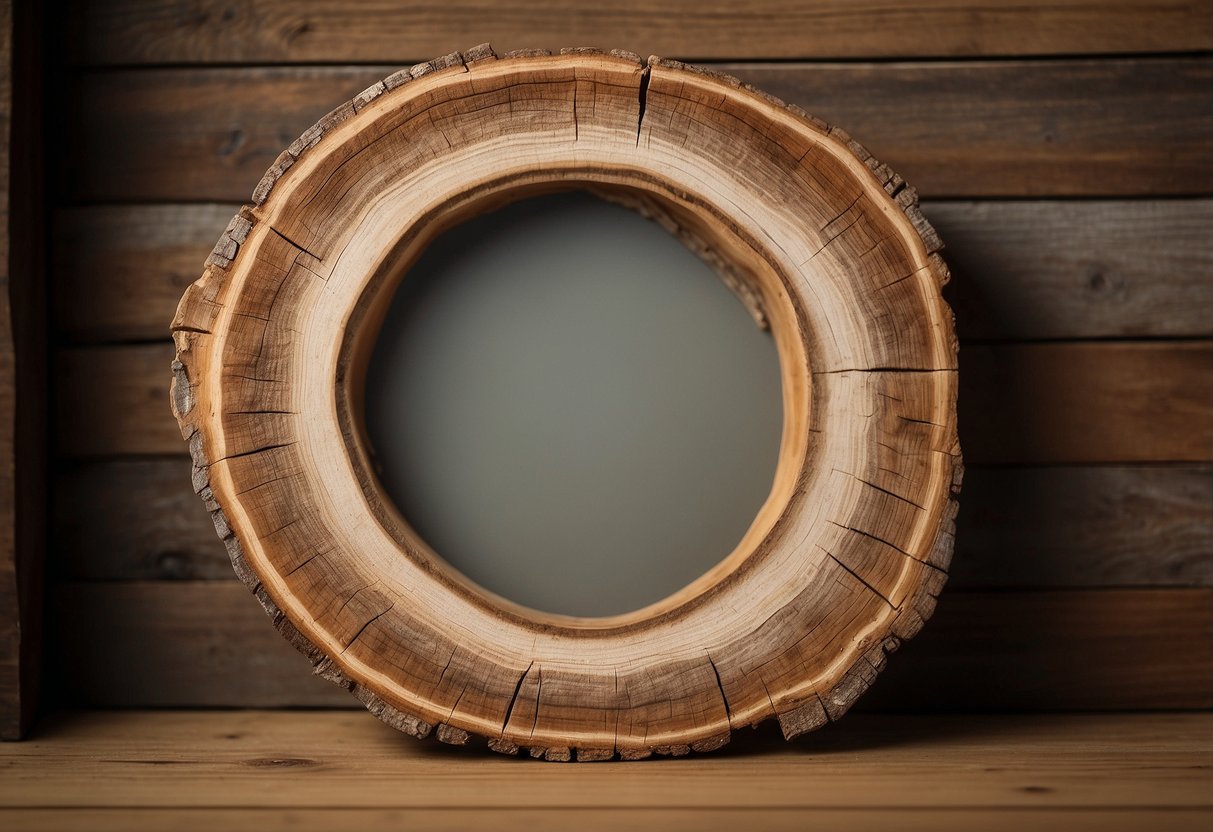 A wood slice photo frame hangs on a rustic wooden wall, surrounded by other home decor items