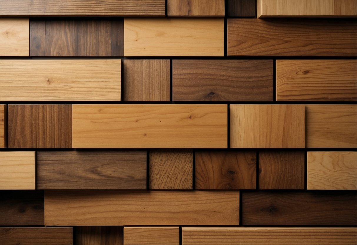 Various types of wood arranged on a wall for decor. Pine, oak, and walnut panels add texture and warmth to the room