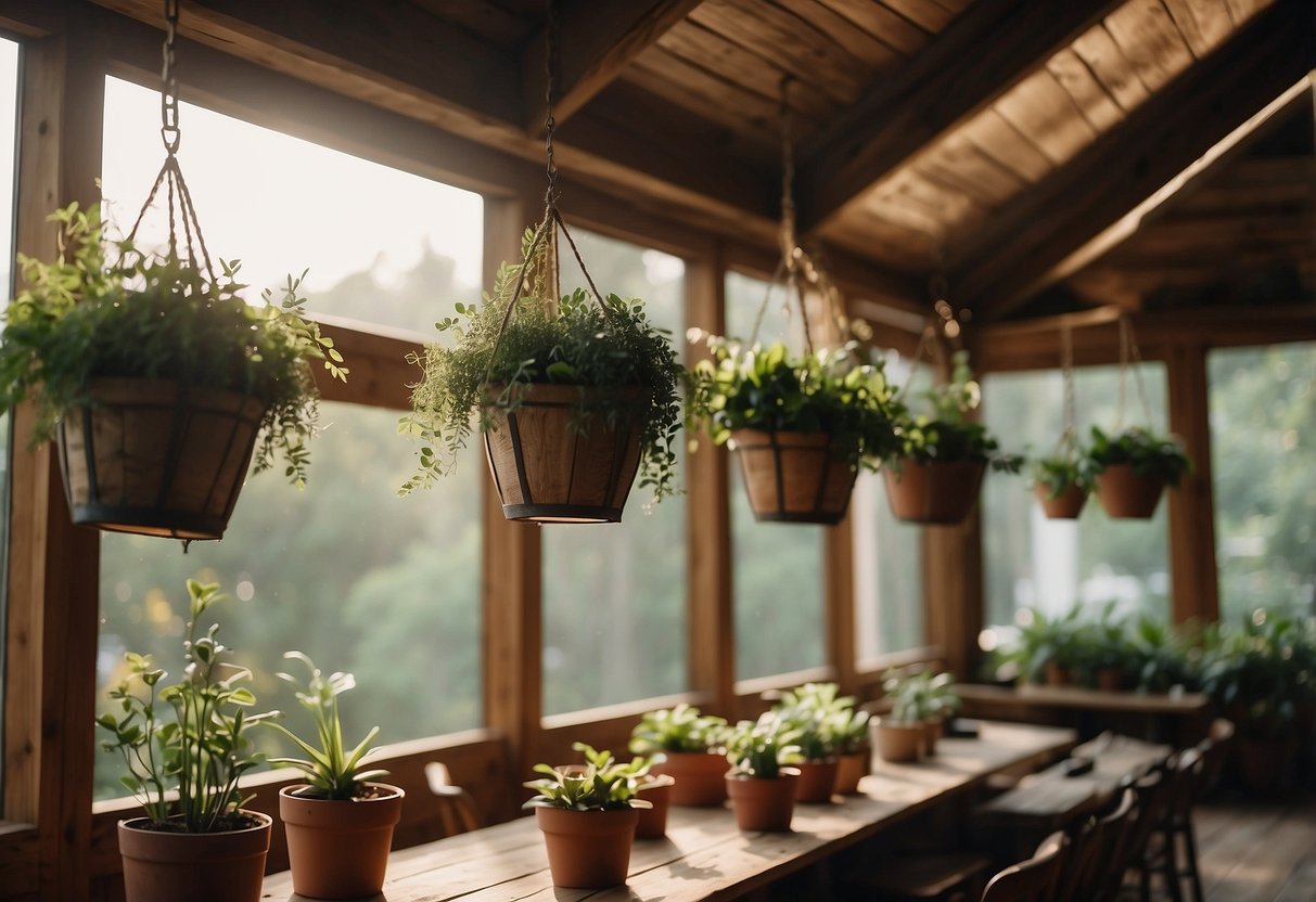 A cozy wood roof home with hanging plants, warm lighting, and rustic decor