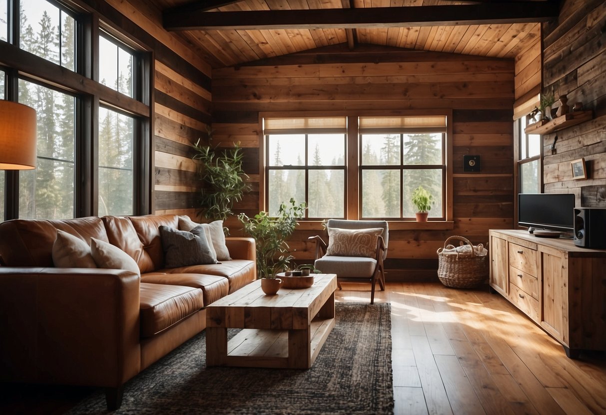 A cozy living room with reclaimed wood plank walls, a rustic wood roof, and minimalist home decor ideas