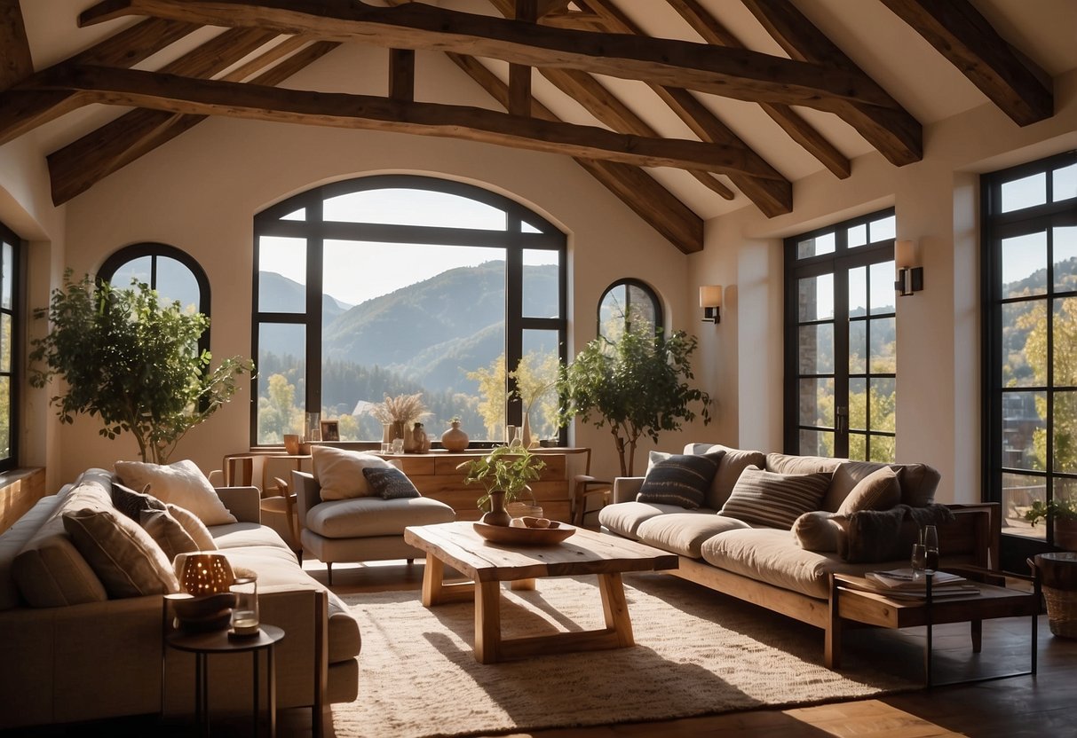 A cozy living room with exposed rustic oak beams, adorned with warm earthy decor and soft lighting