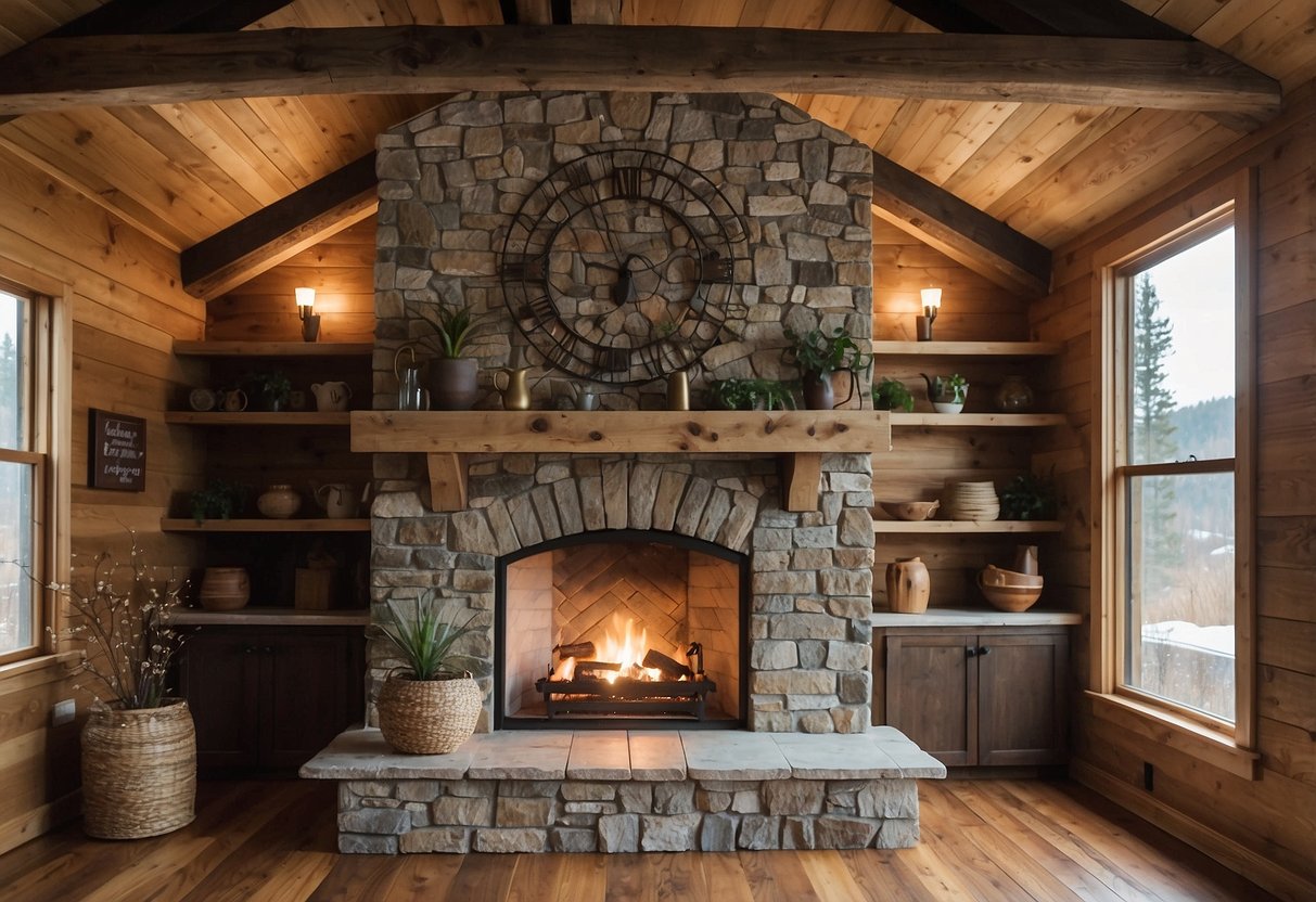 A rustic barnwood mantel hangs above a stone fireplace, surrounded by cozy home decor ideas and a wood roof