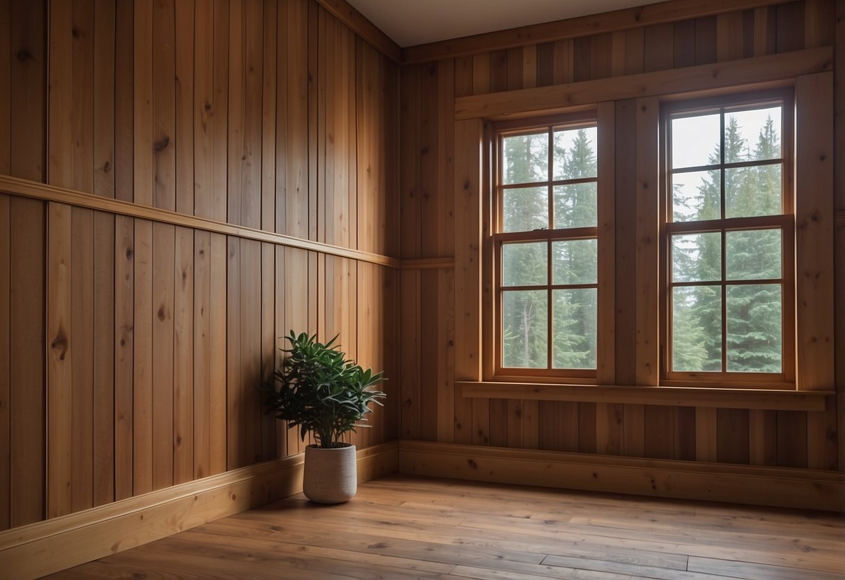 Wooden wainscoting panels line the pine-paneled walls of a cozy home, creating a warm and rustic atmosphere. A sloped roof adds character to the space, perfect for a home decor illustration