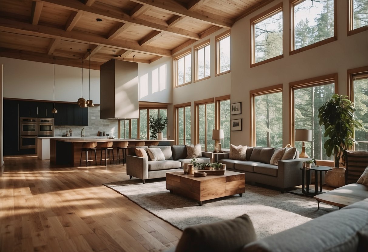 A spacious living room with maple coffered ceilings, warm wood tones, and elegant decor