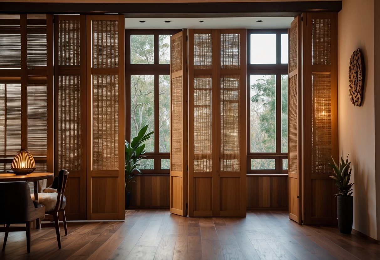 A spacious room with teak wood dividers, creating separate sections. The warm wood tones complement the rustic, cozy atmosphere of the home