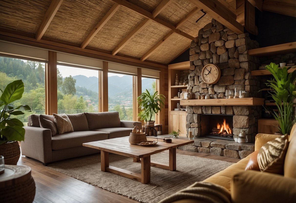 A cozy living room with bamboo accent walls and a wooden roof, featuring stylish home decor ideas